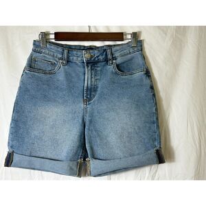 Black Tape Women's Distressed Mid Rise Fold Over Cuff Denim Shorts, Size 28